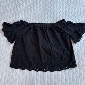 Madewell Women’s Black Off Shoulder Ruffle Short Sleeve Eyelet Crop Top Size XXS